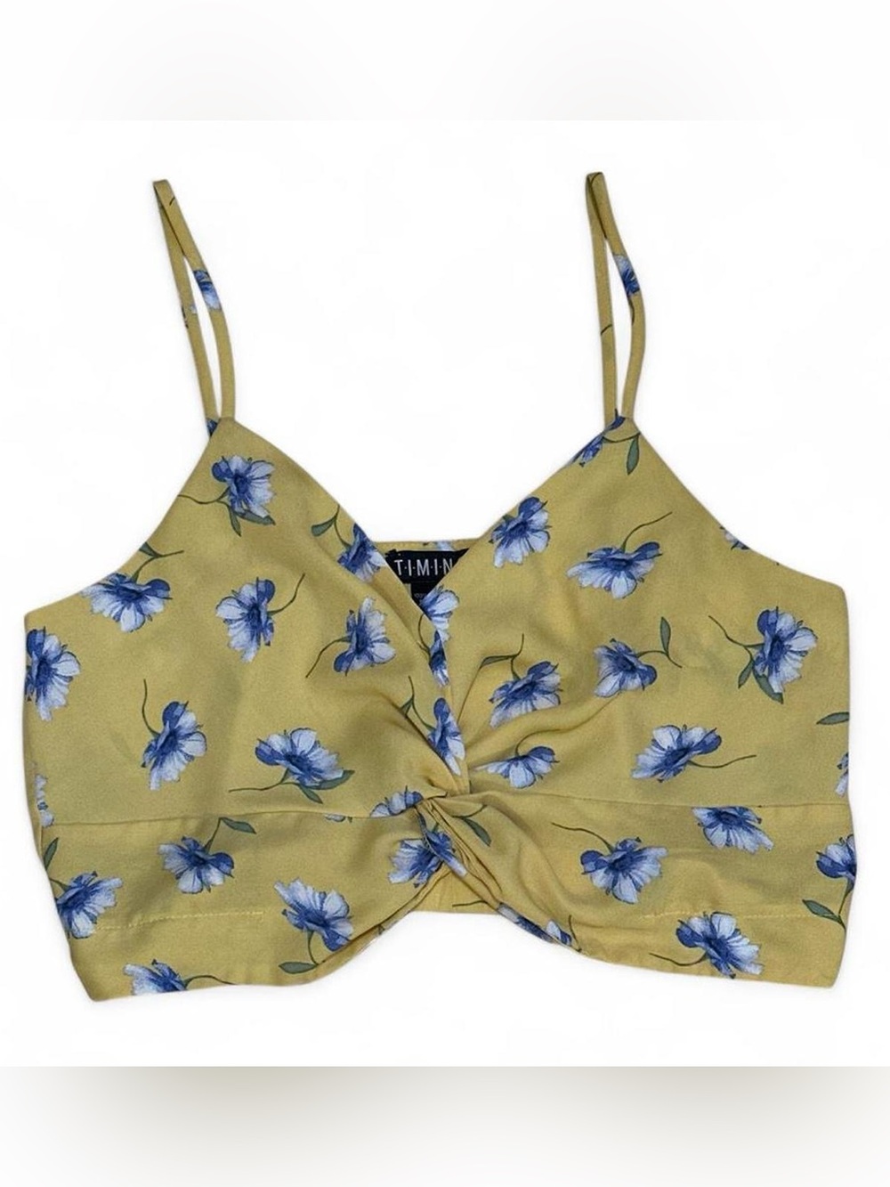 Timing Yellow & Blue Floral Twist-Front Crop Top - Size Small